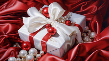 Luxury red and white Christmas gift concept decorations on a red background. The season of giving has begun, there are big discounts, so surprise someone. Elegant New Year's concept