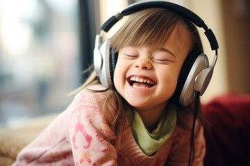 Happy Girl with Down syndrome listens to music in headphones . Outdoor background. Banner - Powered by Adobe