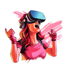 Emotional young woman in vr glasses crying with hands up, handsome attractive girl playing video games with virtual reality headset. Isolated cutout on transparent background.