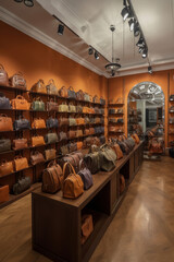 Stylish women's bag store with wooden tables. Generative AI.