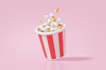 Popcorn box paper bucket red white striped paper cup container isolated floating on pink background. delicious party fast food products movie entertainment. 3d rendering illustration