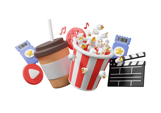 Delicious party fast food popcorn box paper bucket red white striped paper cup with coffee cups floating on isolated background. products movie entertainment clapper board elements. 3d rendering