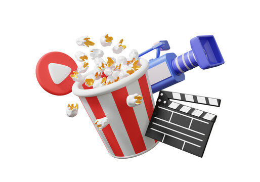 Advertising products movie entertainment popcorn box floating on isolated background. paper bucket red white striped paper cup delicious party fast food, clapper board elements. 3d rendering