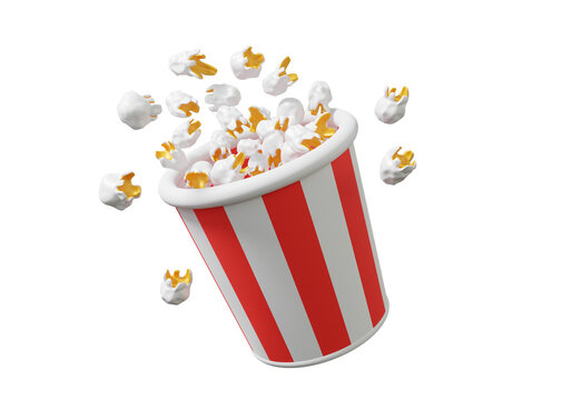 Popcorn box paper bucket red white striped paper cup container isolated floating on isolated background. delicious party fast food products movie entertainment. 3d render illustration