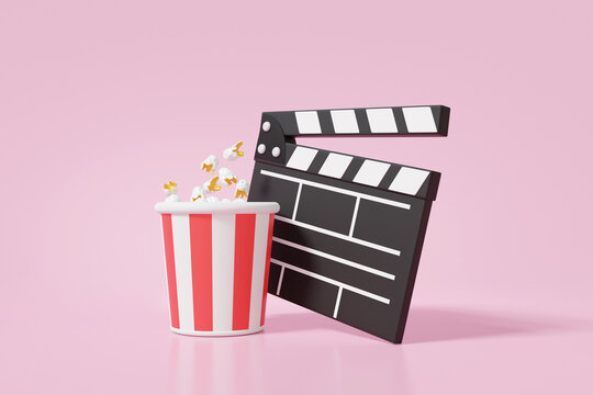 Minimal style 3D popcorn and movie clapper board on pink background. advertising streaming multimedia studio professional cinema concept. entertainment festival. 3d rendering illustration