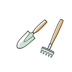 shovel and rake gardening tools