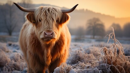Beautiful horned Highland Cattle at Sunrise on a Frozen Meadow