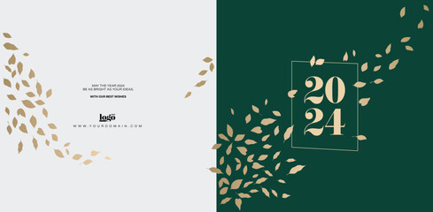 2024 logo and premium wish card with leaf style. Happy new Year. - obrazy, fototapety, plakaty