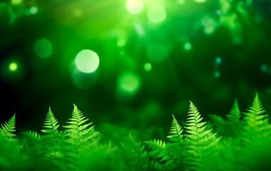 Green ferns, Nature background with copy space, defocused lighs and sun leak. Generative AI