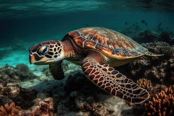 Obraz na płótnie Canvas Sea turtle, swimming in a sea of corals. Generative AI.