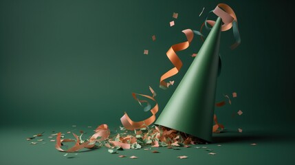 a green party hat and colorful streamer confetti on green background - obrazy, fototapety, plakaty