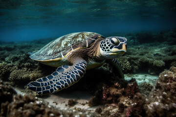Sea turtle, swimming in a sea of corals. Generative AI.