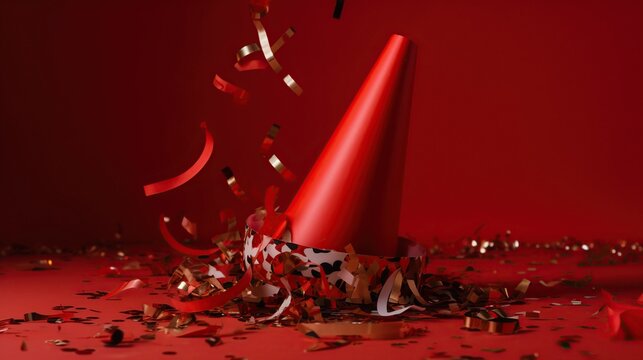 A Red Party Hat And Red Streamer Confetti On Redbackground