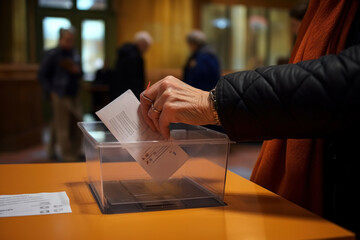 Hands putting a vote in a ballot box. Generative AI.