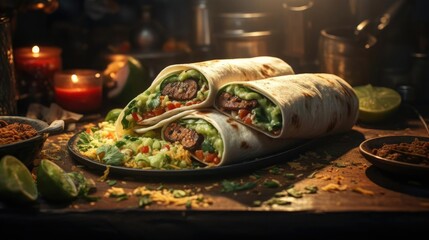 full of burritos with vegetables and meat on a wooden table with blurred background