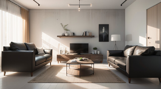 Minimalist modern living room: sleek furniture, empty concrete wall backdrop, showcasing simplicity in interior design..
