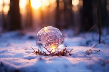 A magical quartz ball on snowy winter evening, perfect for winter solstice and yule rituals. Generative AI