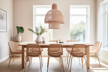 Scandinavian dining room with rattan chairs and wooden table on a bright beige background. Generative AI