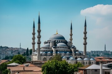 Turkish mosque with blue domes and minarets in Istanbul. Generative AI