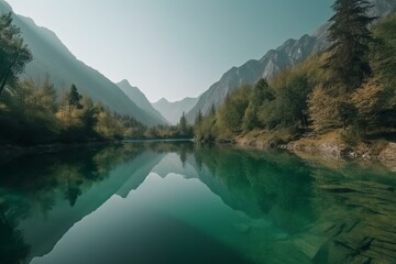 Fototapeta na wymiar Stunning scenery of a serene lake surrounded by majestic mountains. Generative AI
