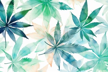 Artistic white background featuring cannabis leaves in watercolor pattern. Generative AI
