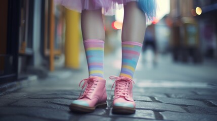 Fabulous free spirited teenager in colorful rainbow pastel frilly ballerina type costume dress with striped socks and cute shoes walking down city subway station corridor - generative AI