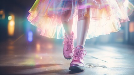 Fabulous free spirited teenager in colorful rainbow pastel frilly ballerina type costume dress with striped socks and cute shoes walking down city subway station corridor - generative AI
