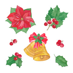 Christmas golden bells with red bow, poinsettia, leaves and holly berries