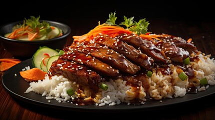 white rice with teriyaki beef and cut vegetables on a plate with black and blurry background