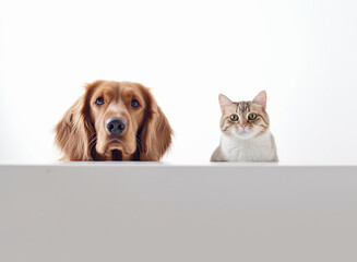 Dog and cat looking at the camera above light banner. Cute and worried faces, white background. Home pets. Animal care. Love and friendship. Domestic animals