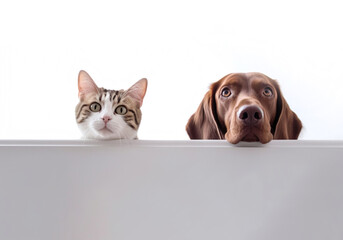 Cat and Dog above banner together. looking at the camera. white background. Home pets. Animal care. Love and friendship. Domestic animals