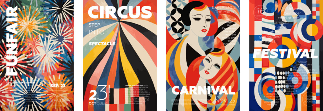 Carnival and Funfair creative retro art poster set. Circus and Festival vintage typography print design collection. Placard with promo text on colorful abstract pattern. Vector eps modern trendy cover