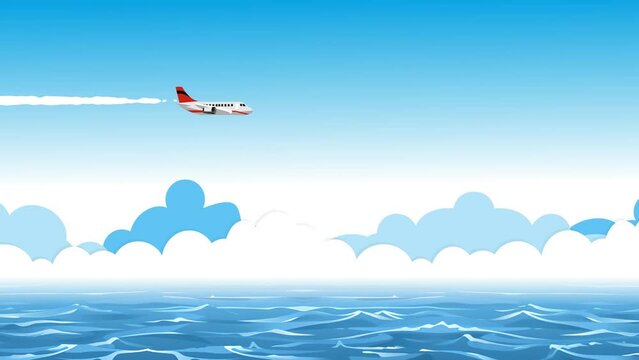 Animated airplane flying over the blue sea
