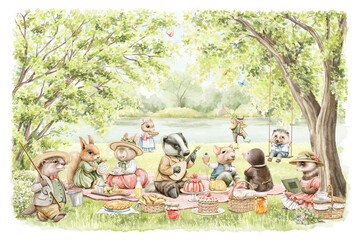 Composition with variety set of cute animals in vintage clothes surrounded by summer green landscape on picnic isolated on white background. Watercolor hand drawn illustration sketch - obrazy, fototapety, plakaty