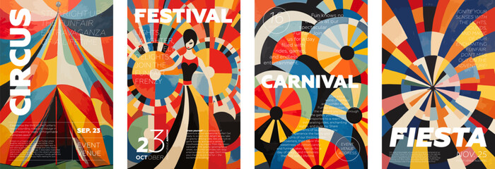 Circus and Carnival creative retro art poster set. Festival and Fiesta vintage typography print design collection. Placard with promo text on colorful abstract pattern. Modern trendy vector eps cover