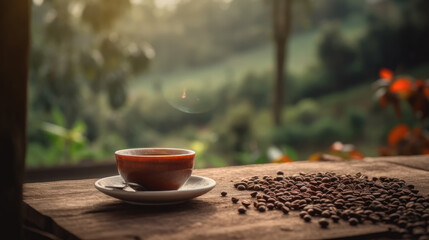 Hot coffee cup with organic coffee beans on the wooden table and the plantations background with copy space.