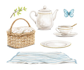 Watercolor vintage set with picnic basket, teapot and cup, plaid, twig and butterfly objects isolated on white background. Hand drawn illustration sketch