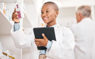 Happy, pharmacy and black woman with a tablet, medical or search internet for medication or pill box for treatment. Healthcare, pharmaceutical and African person with technology or check information