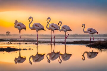 nature scenery or natural painting by Greater flamingo flock or flamingos family during winter migration - Powered by Adobe