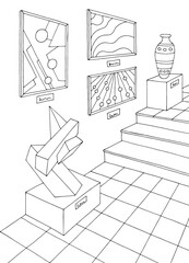 Museum interior graphic black white sketch illustration vector 