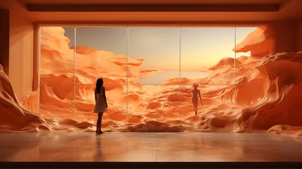 Foto auf Leinwand a woman stands in the middle of a futuristic desert-like and surreal landscape © Riverland Studio