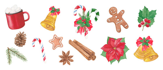 Christmas golden bells, poinsettia, holly, biscuits, caramel, spruce branch, cone