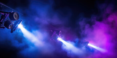 Fototapeta na wymiar Purple and blue searchlights in the smoke on dark background. Creative abstract club performance soffits banner. 