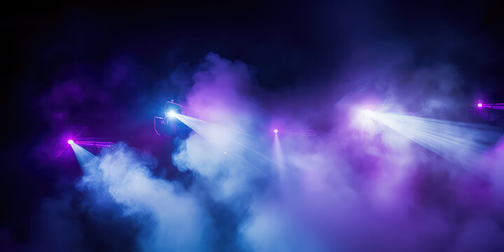 Purple and blue searchlights in the smoke on dark background. Creative abstract club performance soffits banner. 