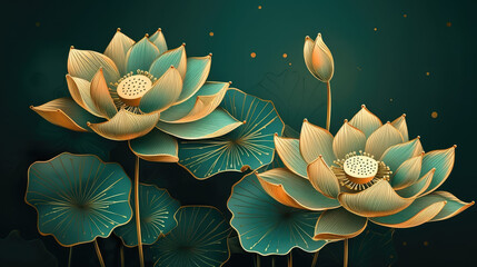 Luxury Lotus flowers background vector. Elegant gradient gold lotus flowers line art, leaves on green background. Oriental design for wall arts, cover, print, decoration, packaging design.