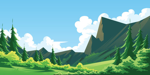 landscape with mountains and trees mountain nature landscape Vector illustration. Travel, leisure, camping, adventure.