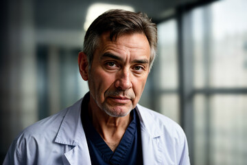 serious or sad senior male doctor in hospital interior