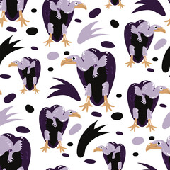 Seamless pattern with cartoon vultures on a white background. Vector illustration. A repeating pattern of a large bird in pink and purple shades. Children's texture for printing