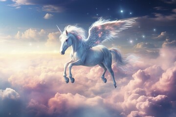 A mystical unicorn flies among dreamlike skies with clouds and a crescent. Generative AI