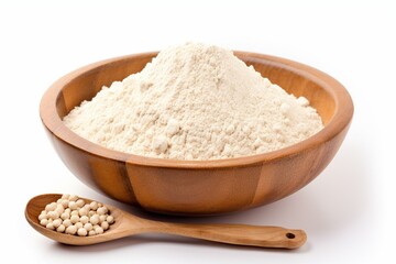 Soy protein and flour in wooden bowl with isolated soybeans. Top view on white background. Generative AI